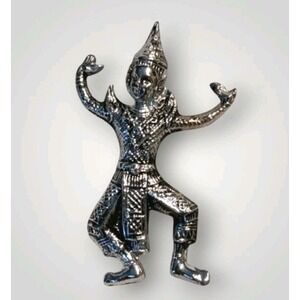 Brooch Hindu Dancer Silver Tone Pinback Asian Siam Jewelry Man Vintage 1.5"